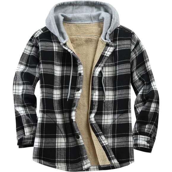 Mens Flannel Shirt Jacket Hooded Sherpa Lined Button Down Plaid Fleece Coat - Picture 1 of 8